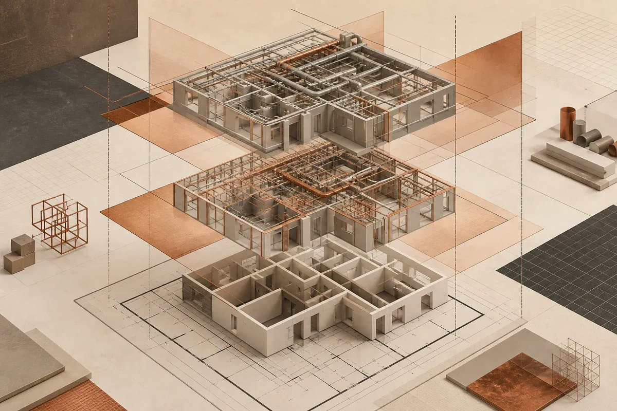 Illustration of layered BIM models and architectural coordination planes