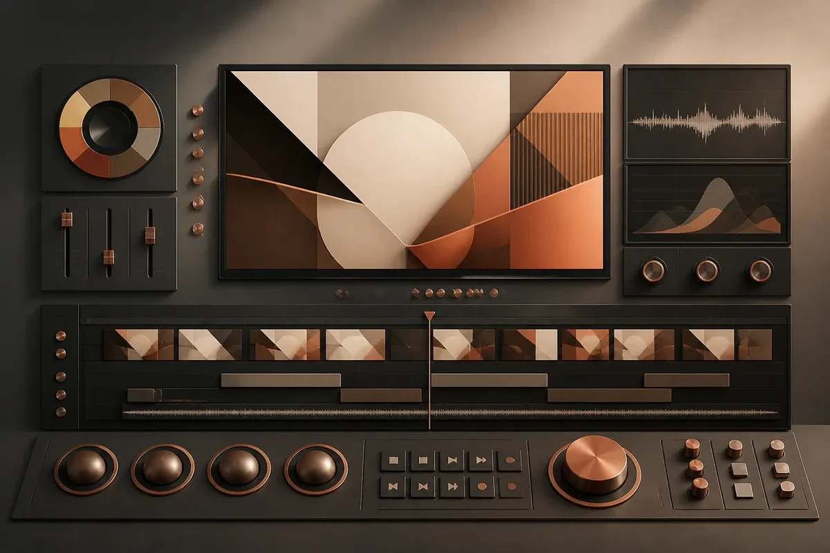 Illustration of commercial video frames, a timeline, and editing controls